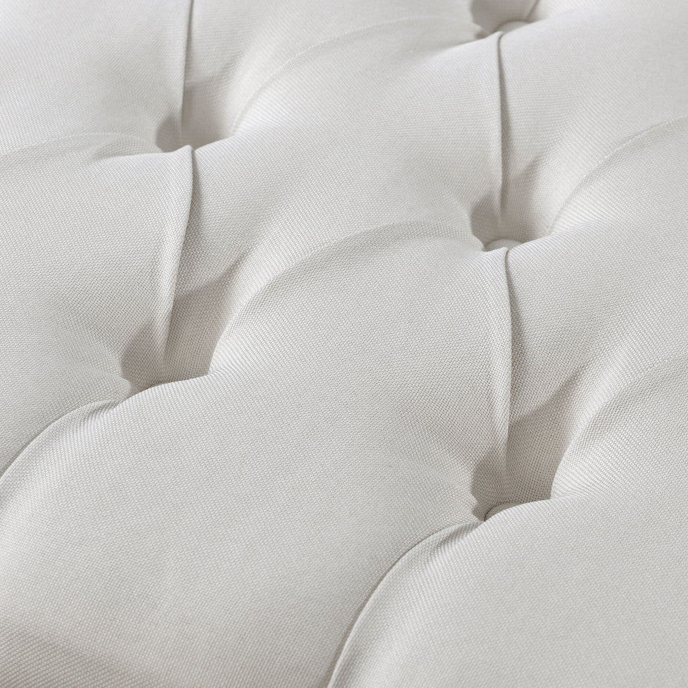 Paola Linen Button Tufted Silver Nailhead Trim X-Leg Ottoman, Cream White