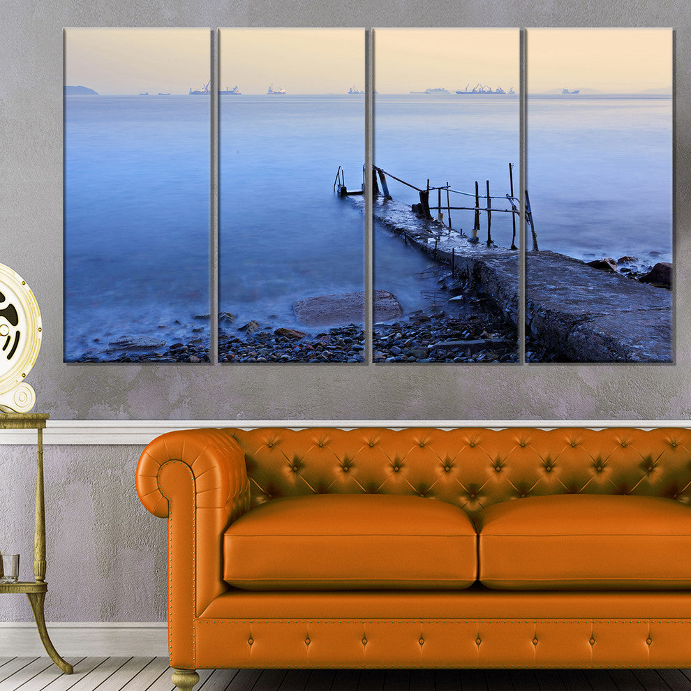 "Abandoned Pier Into Blue Sea" Sea Bridge Canvas Wall Artwork, 4 Panels, 48"x28"