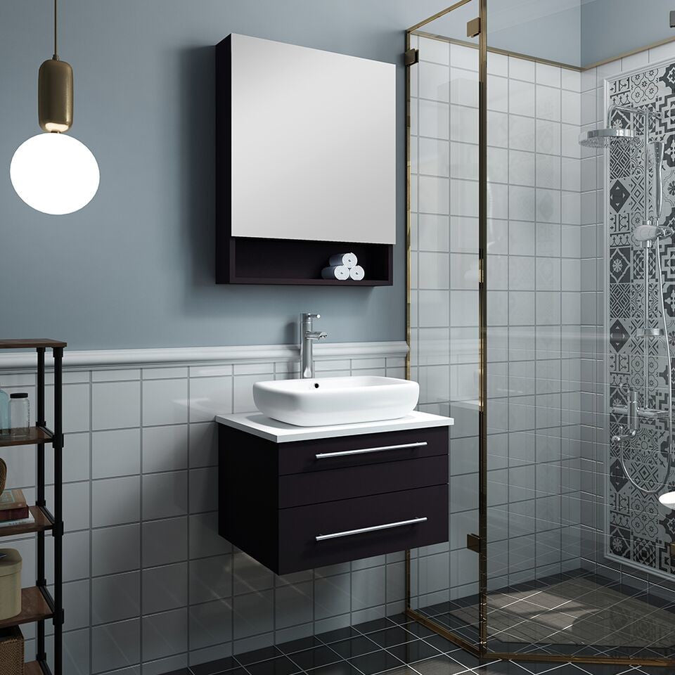 Fresca Lucera 24" Wall Hung Bathroom Vanity, Espresso, Vessel Sink, Faucet, Fft9