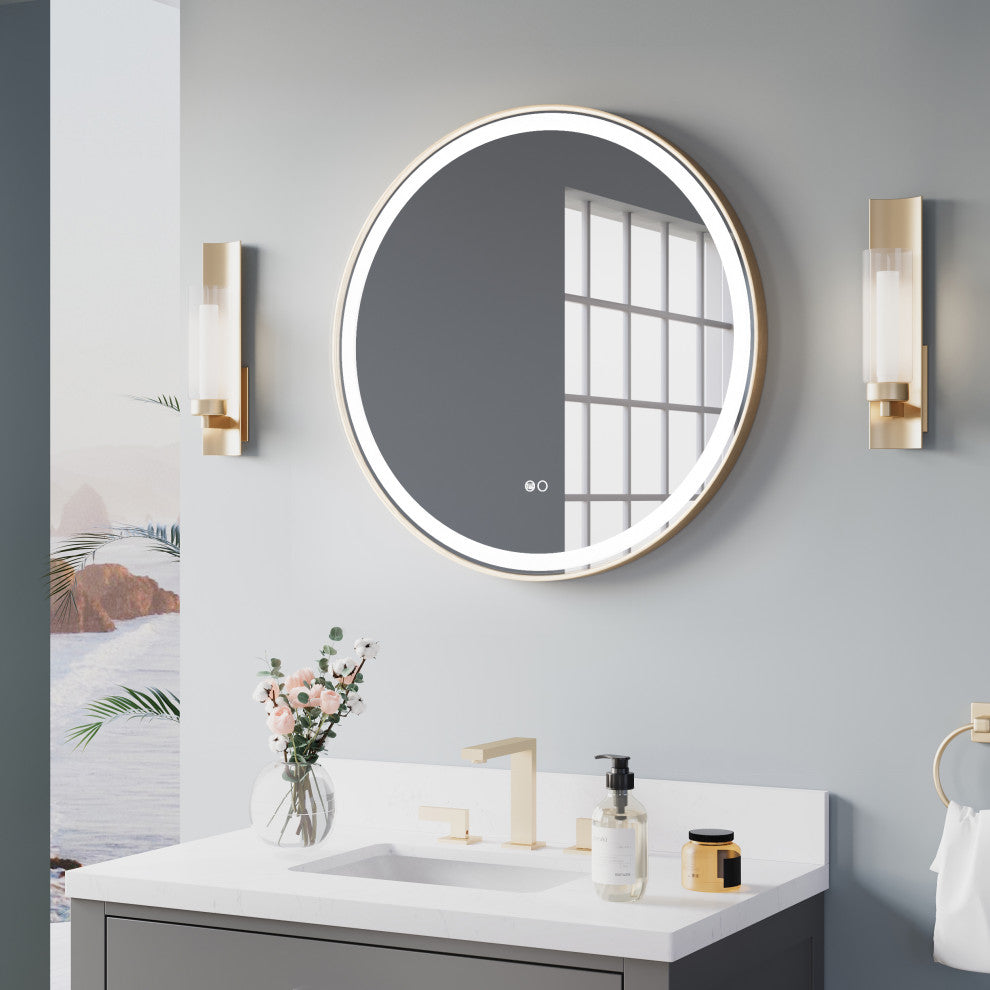 Round LED Bathroom Vanity Mirror, Defogger and Dimmer, ETL-listed, 28"x28", Brushed Gold
