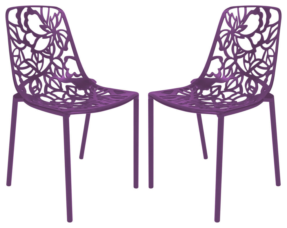 LeisureMod Devon Modern Outdoor Stackable Aluminum Dining Chair, Set of 2, Purple