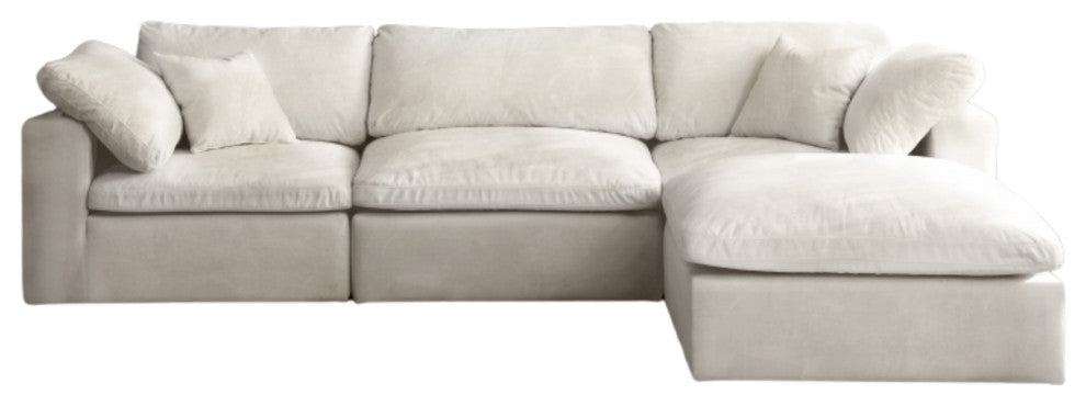 Cozy Velvet Upholstered Comfort L-Shaped Modular Sectional, Cream, 4-Piece: 1 Armless Chair, 2 Corner Chair, 1 Ottoman