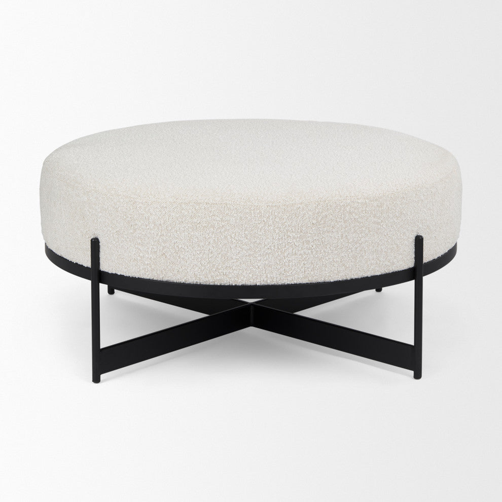 Amelia Cream Boucle With Black Metal Frame Round Ottoman