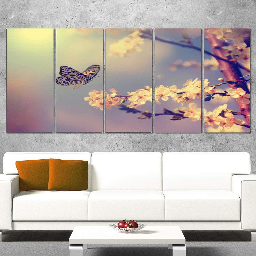Vintage Butterfly with Flowers, Large Floral Canvas Art Print, 60"x28", 5 Panels