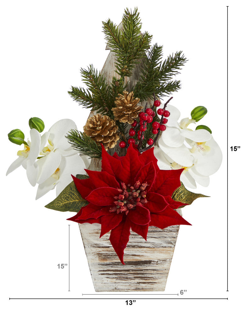 15" Poinsettia and Orchid Artificial Arrangement, Christmas Tree Vase