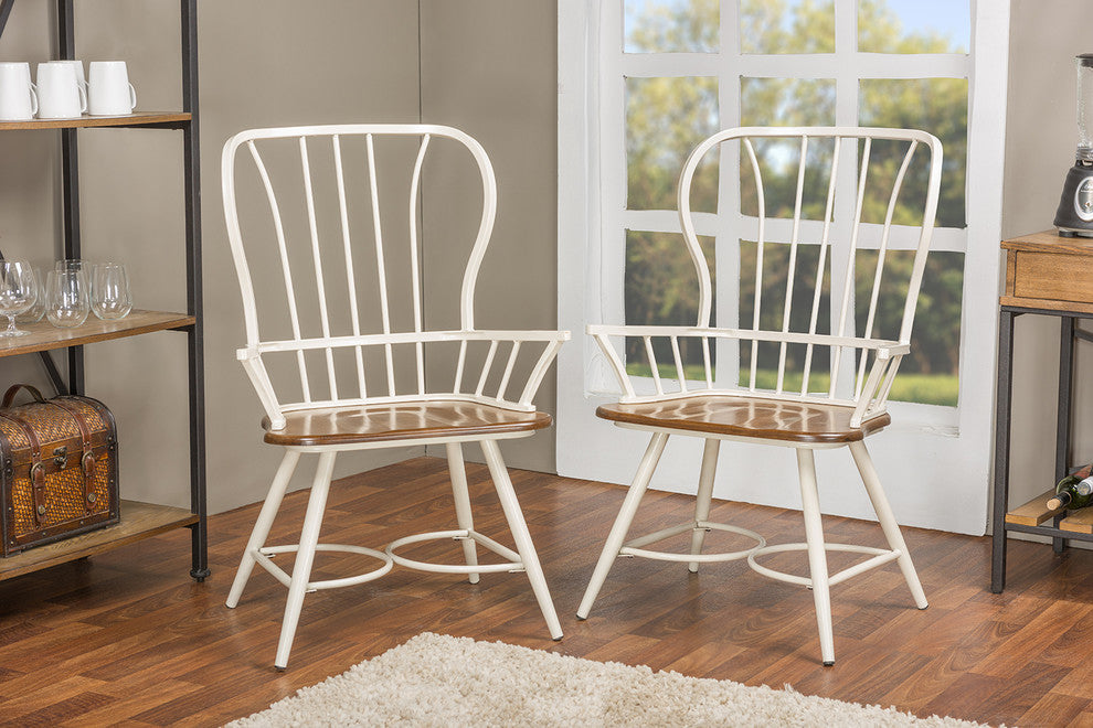 Longford "Dark-Walnut" Wood and White Metal Dining Arm Chair, Set of 2