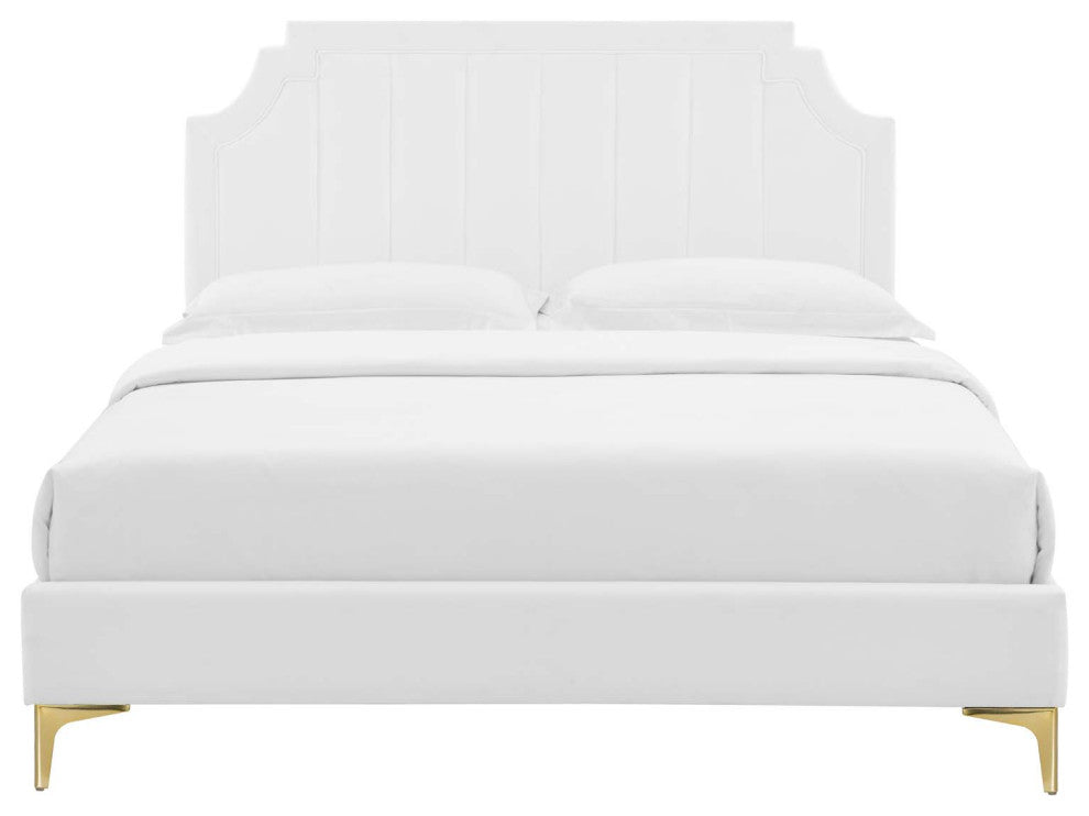 Platform Bed Frame, Queen Size, Velvet, White, Modern Contemporary, Bedroom