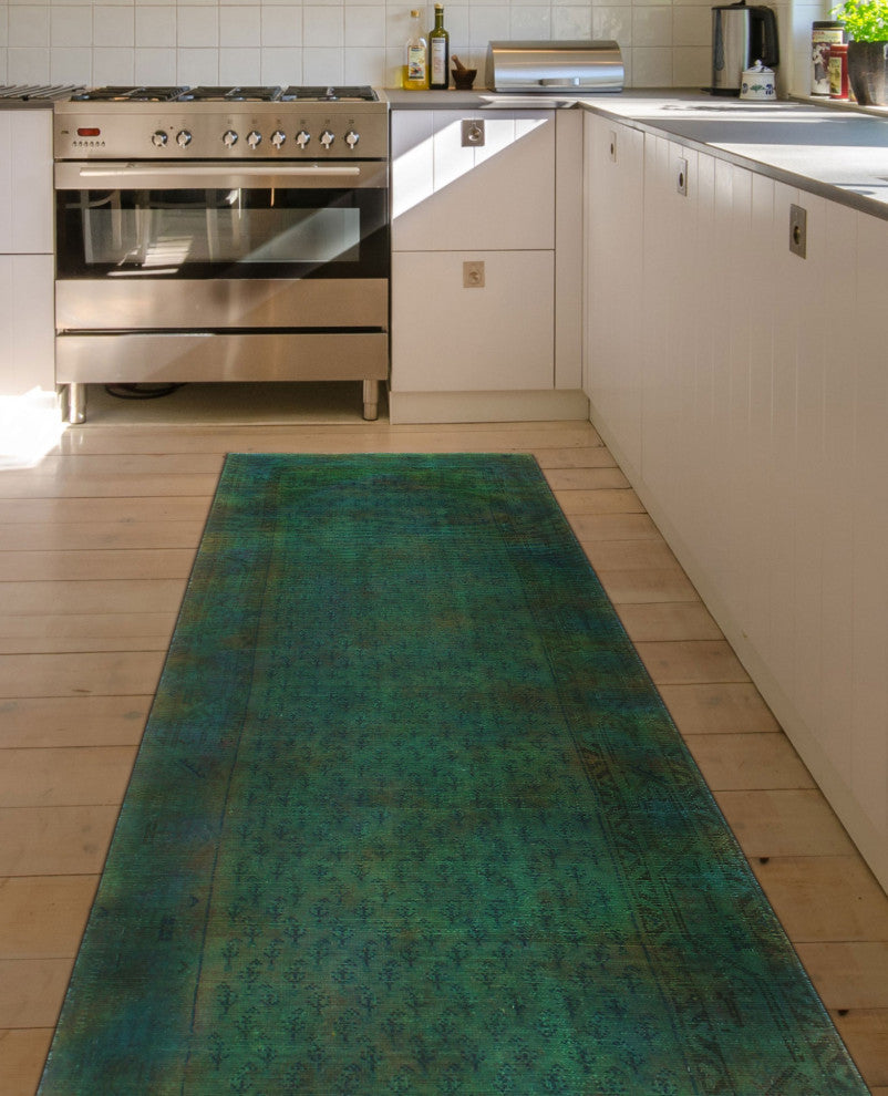 Vintage Distressed Bartram Green/Blue Runner, 3'0x9'2