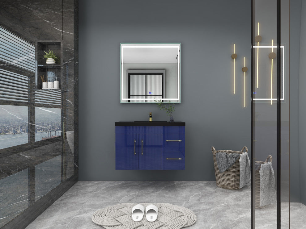 Rosa 36" Wall Mounted Modern Vanity, High Gloss Night Blue, Matt Black Top