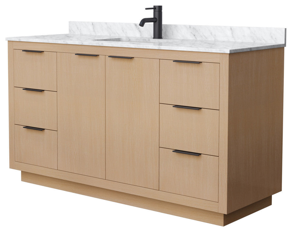 Maroni 60" Light Straw Single Vanity, White Carrara Marble Top, Black Trim