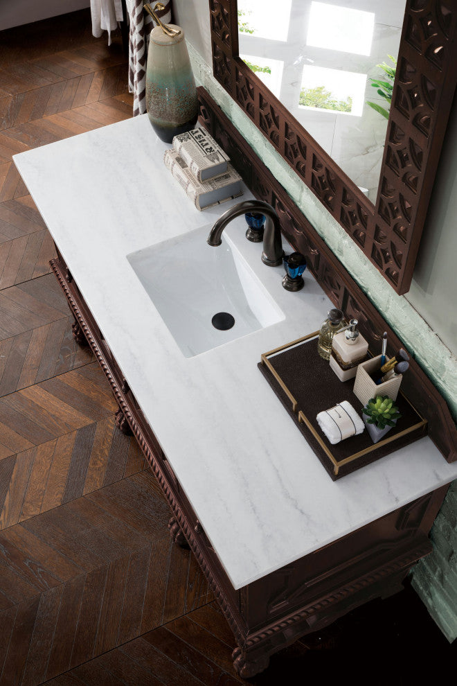 Balmoral 60" Antique Walnut Single Vanity, 3 Cm Arctic Fall Solid Surface Top