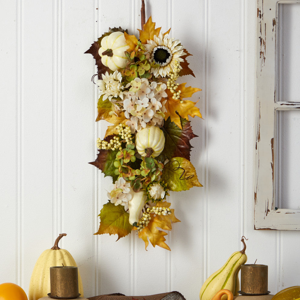 33" Fall Sunflower, Hydrangea and White Pumpkin Artificial Autumn Teardrop