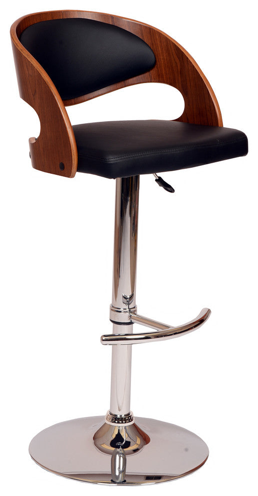 Pedro Swivel Barstool, Black PU/Walnut Veneer and Chrome Base