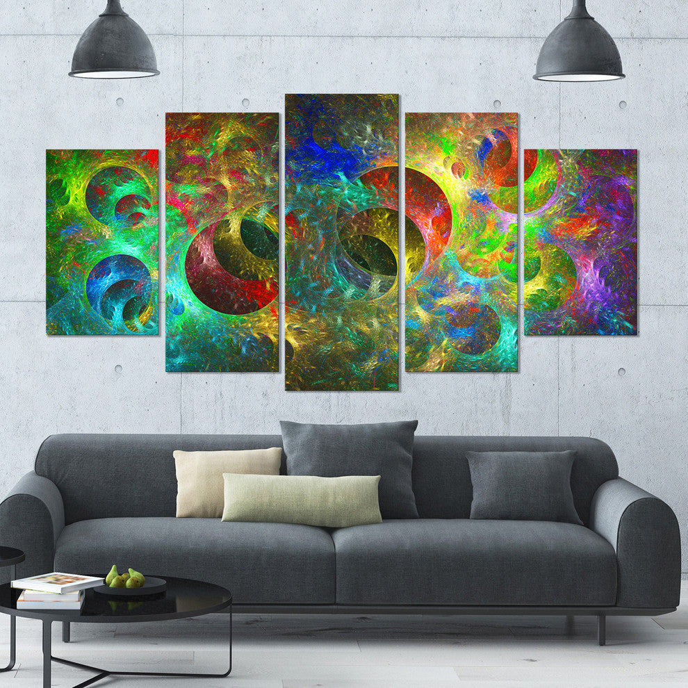 Multi Color Glowing Circles, Contemporary Canvas Art Print, 60"x32", 5 Panels