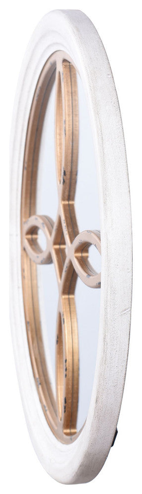 Distressed Gold and White Round Wooden Traditional Wall Mirror