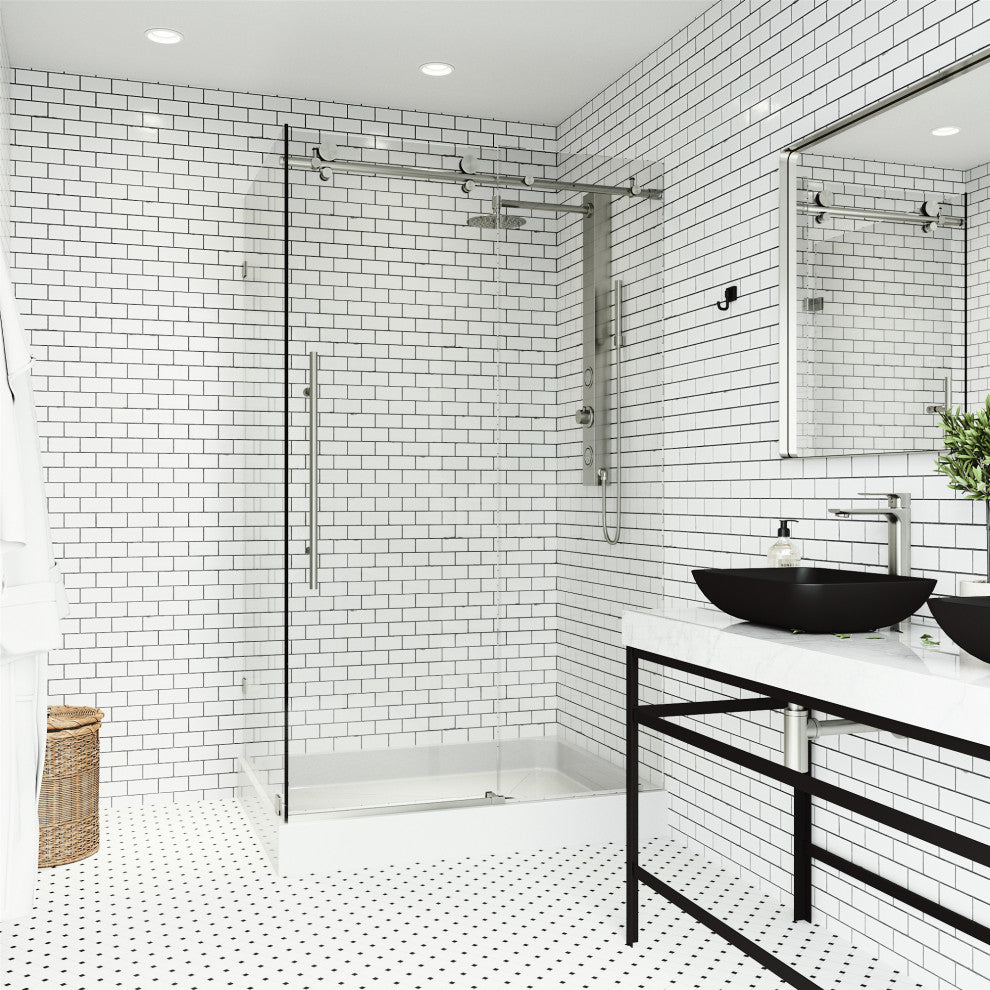 VIGO Elan E-Class Frameless Sliding Shower Enclosure, Stainless Steel, 36" D X 48" W X 82" H, Right Base