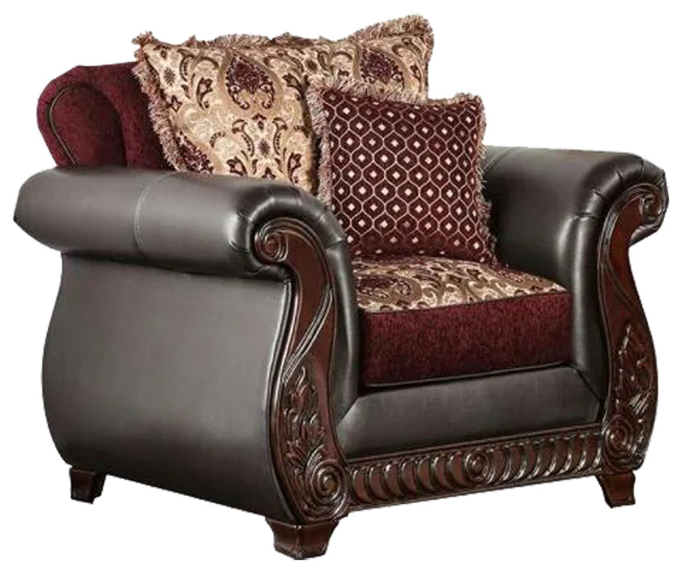 Fabric and Leatherette Chair with Rolled Arms Design, Burgundy