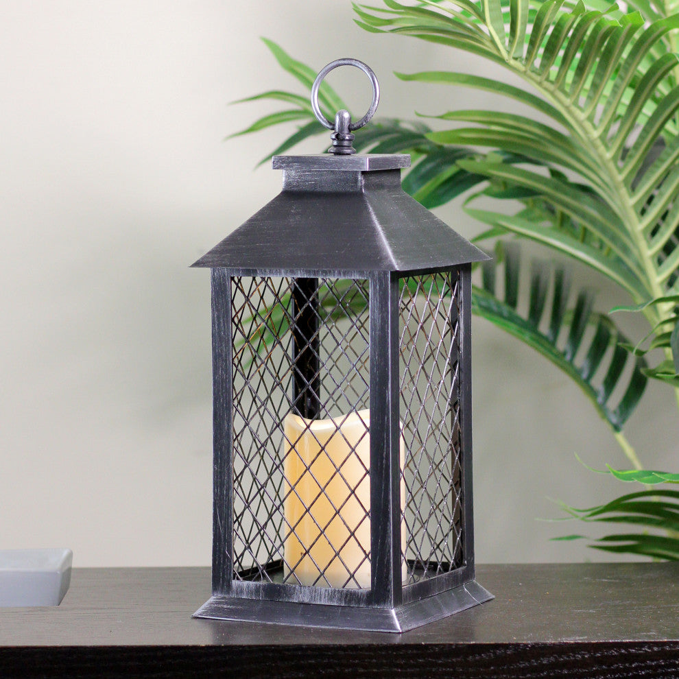 11" Silver Brushed Black Mesh Candle Lantern With Flameless LED Candle