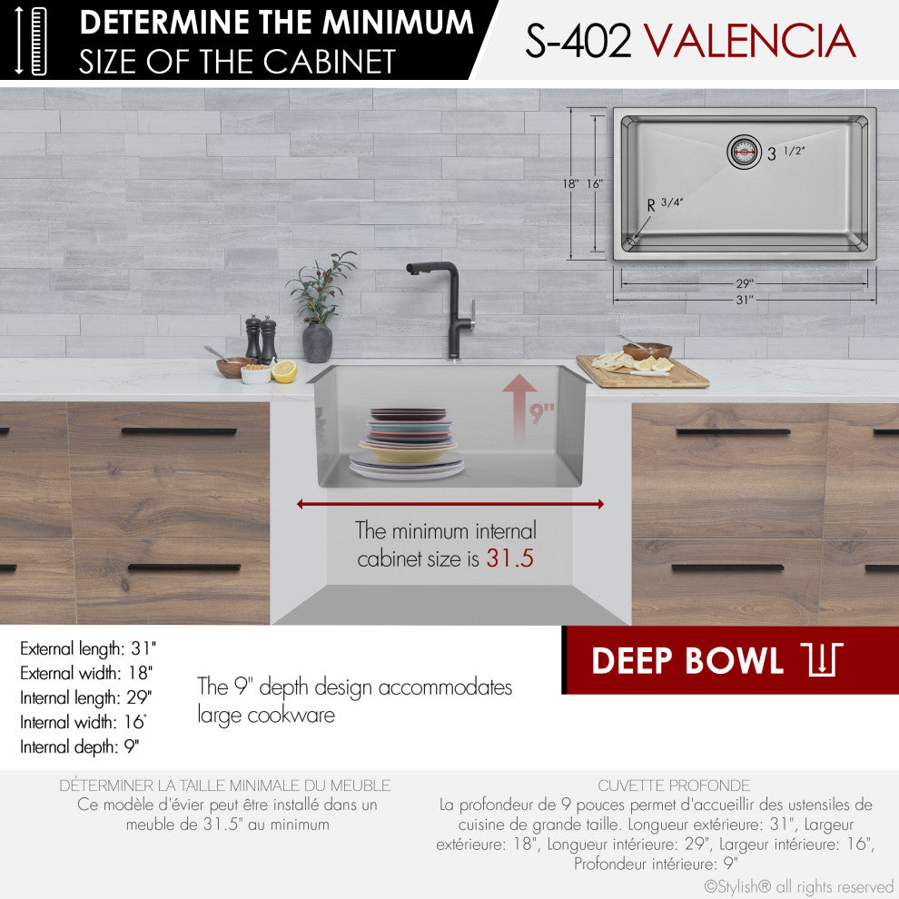 STYLISH Valencia Dual-Mount 31" Stainless Steel Single-Bowl Kitchen Sink
