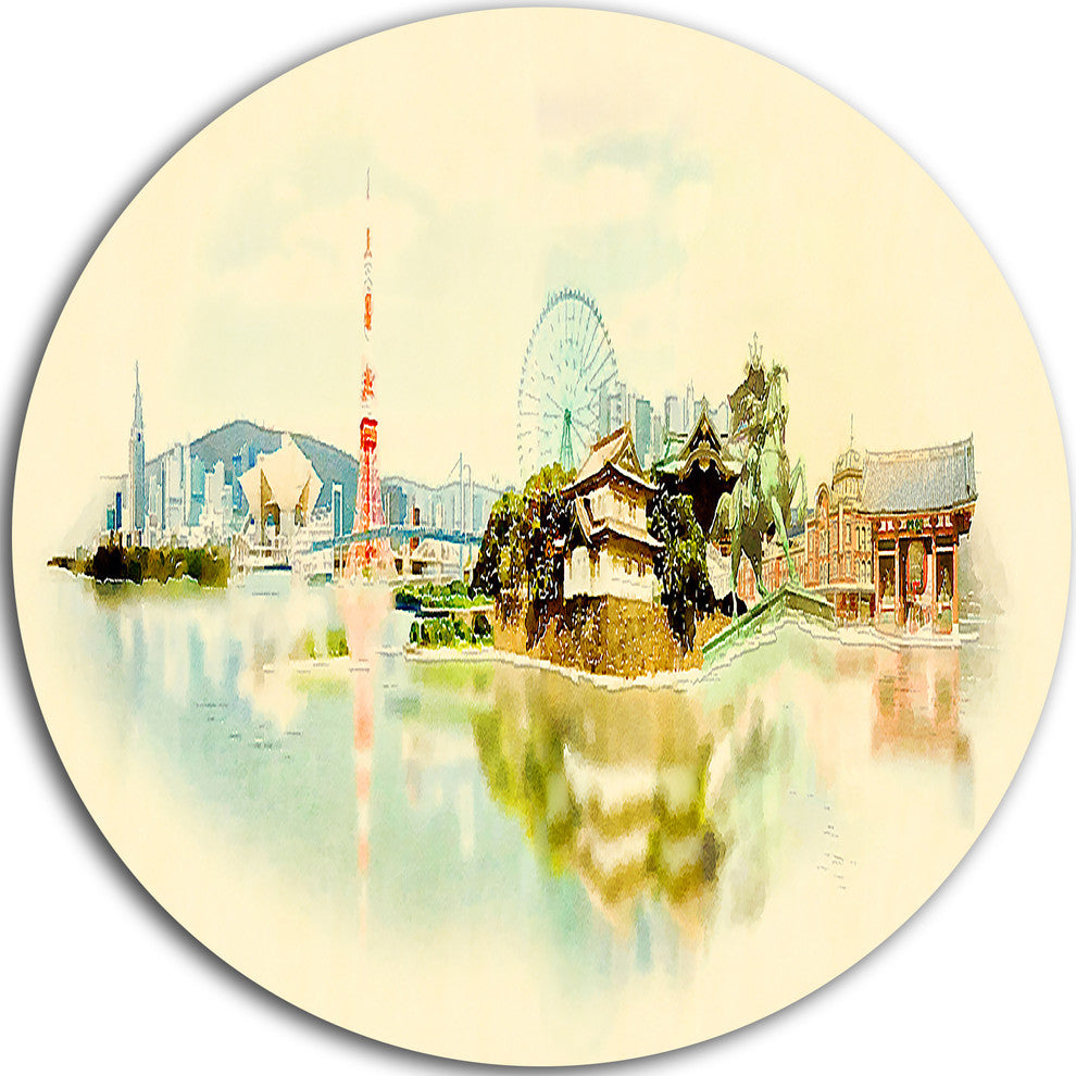 Tokyo Panoramic View, Cityscape Watercolor Disc Metal Wall Art, 36"