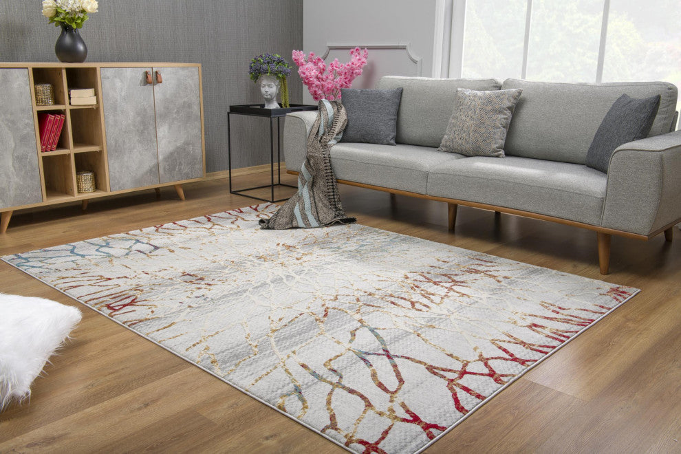 7"x10" Gold and Ivory Abstract Branches Area Rug