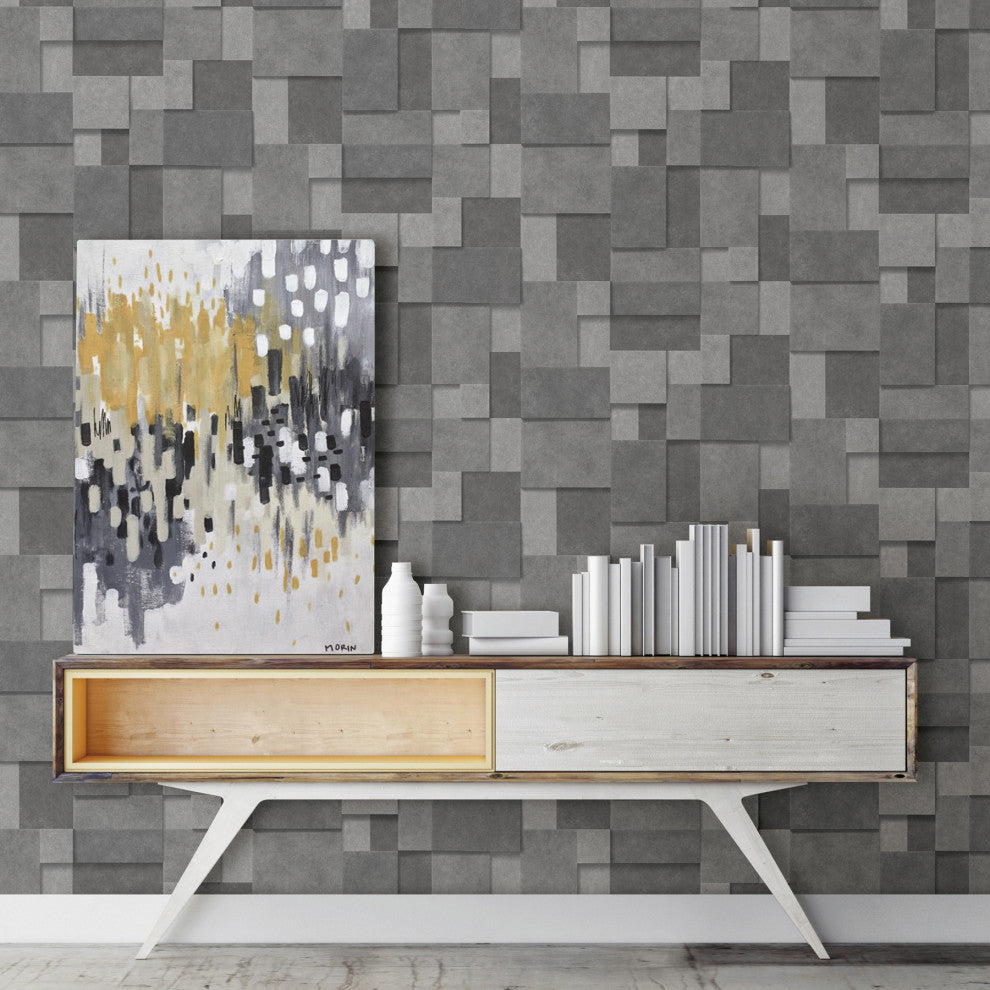 Duchamp Dark Grey Metallic Squares Wallpaper Bolt