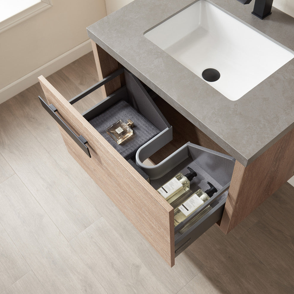 Carcastillo Bath Vanity, Oak With Sintered Stone Top, 30", With Mirror