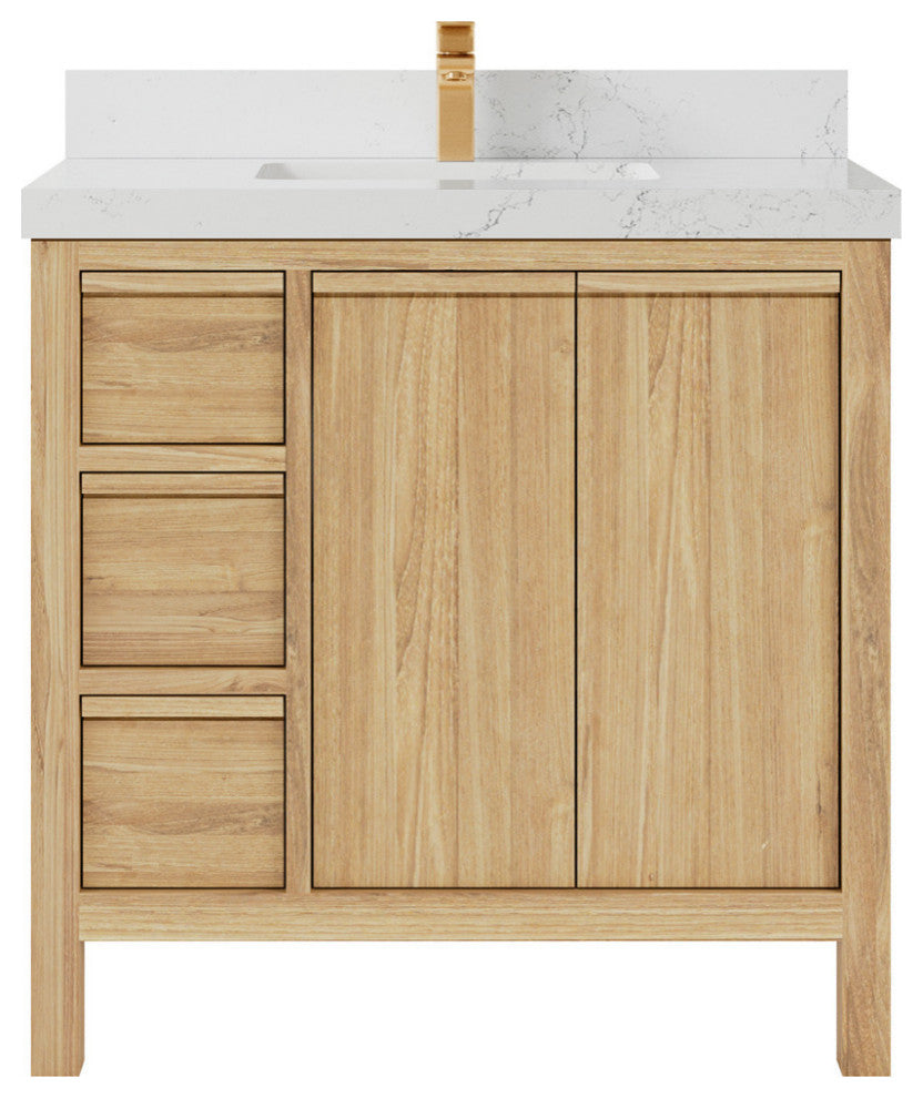 Elizabeth 36 Center Sink Bath Vanity in Light Natural Teak 2" Empira Quartz