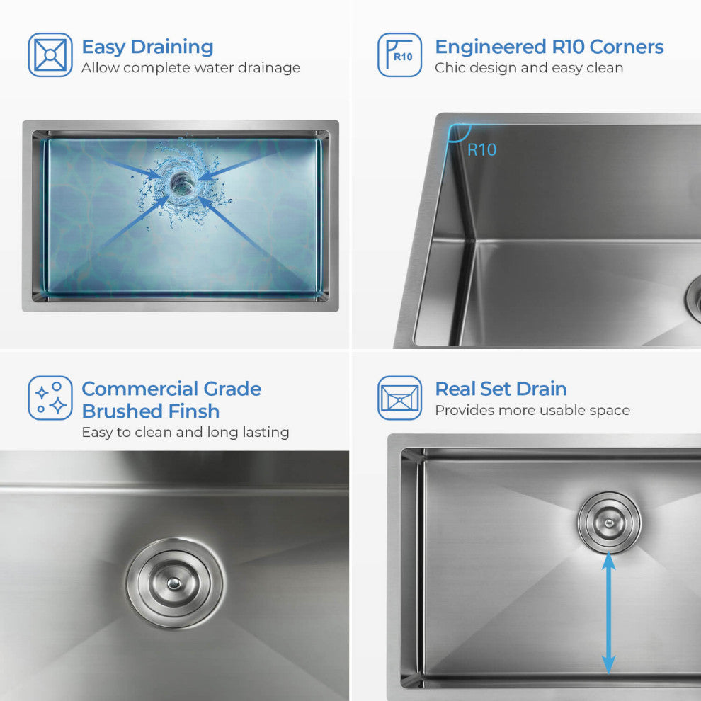 KIBI Handcrafted Undermount Single Bowl 16 gauge Stainless Steel Kitchen Sink, 3