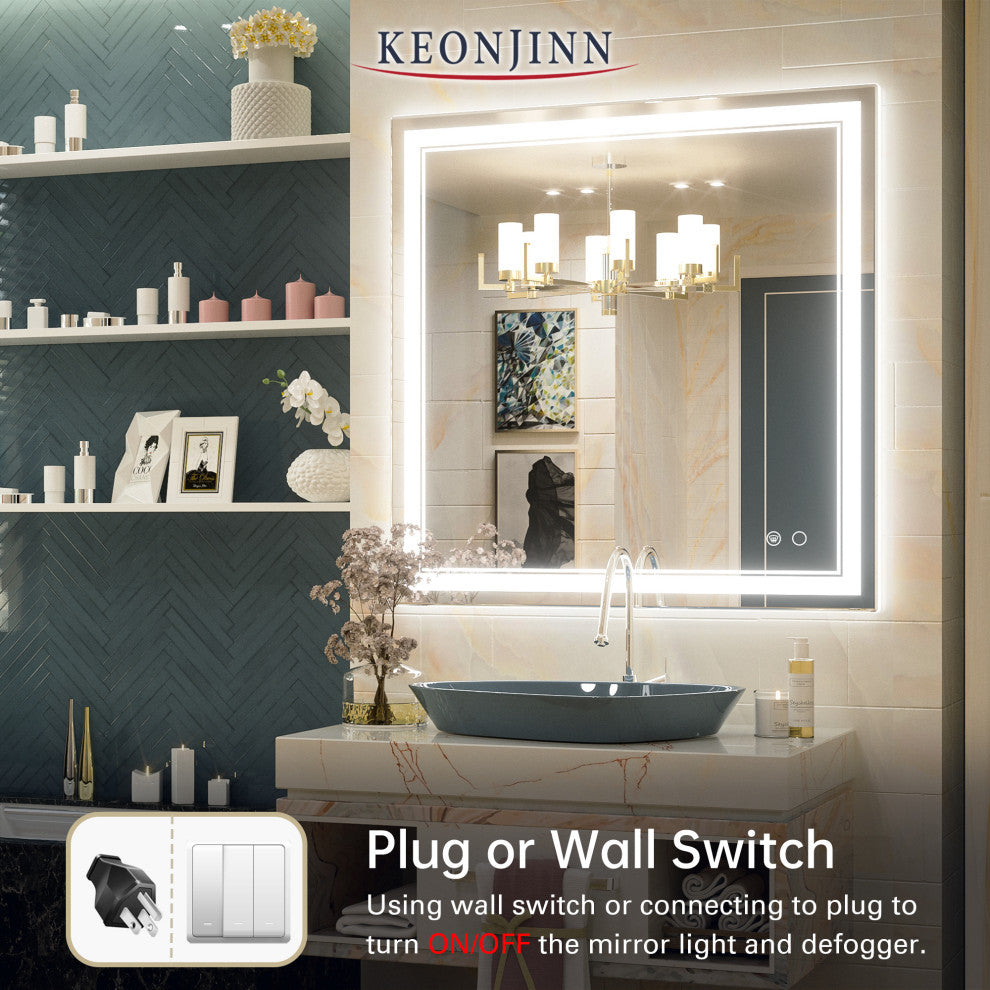 3-Colors LED Bathroom Mirror, Anti-Fog Memory Dimmable, Sliver, 36"x36"