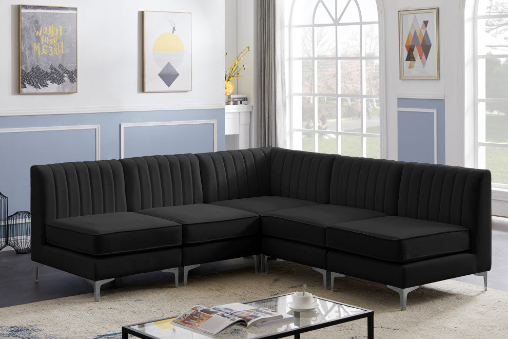 Alina Velvet Modular L-Shaped Modular Sectional, Black, 5-Piece: 4 Armless Chair, 1 Corner Chair