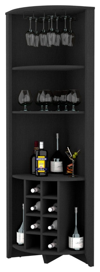 Bouvet Corner Bar Cabinet with 3 Shelves, 8 Wine Cubbies and Cup Rack, Black