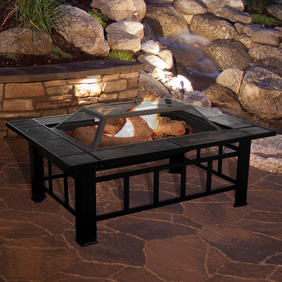 Pure Garden Rectangular Tile Fire Pit With Cover, Black, 37"