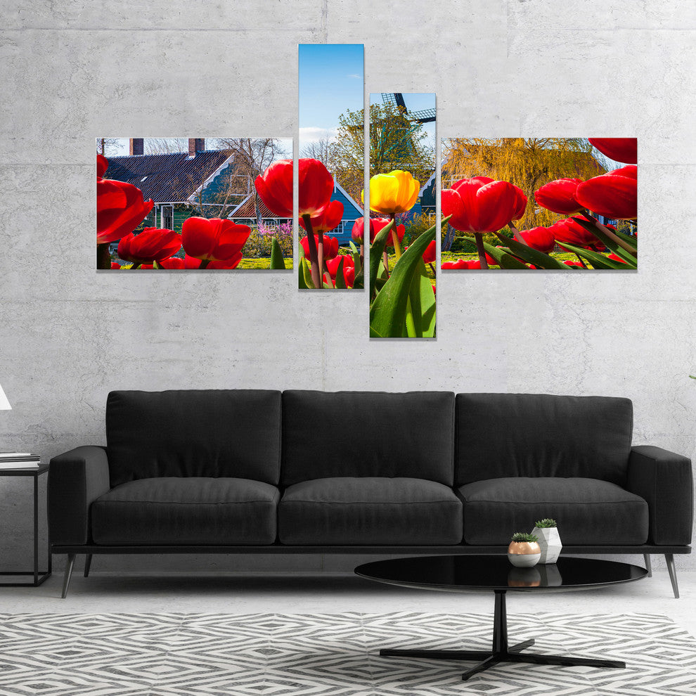 Tulips in the Netherlands Village, Floral Canvas Art Print, 60"x32", 4 panels