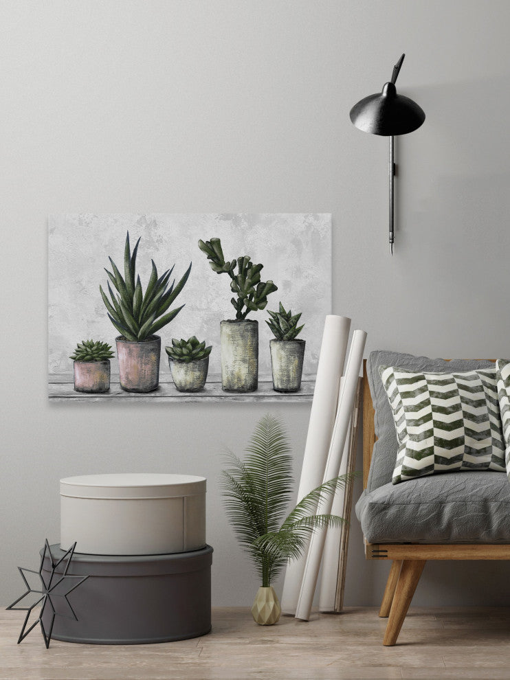 "Earthy Succulent Pots" Painting Print on Wrapped Canvas