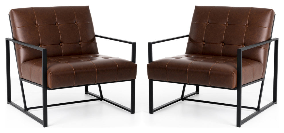 Modern Leatherette Accent Armchair With Black Metal Frame, Set of 2, Brown
