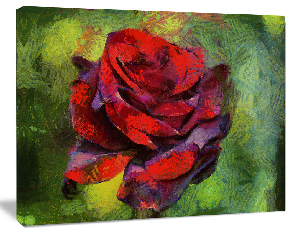 Red Rose Illustration on Green, Floral Canvas Art Print, 20"x12"