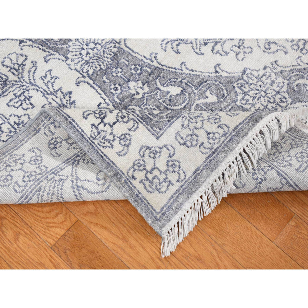 Ivory Hand Knotted Cotton Mughal Empire Agra Flower Bouquet Design Rug 9'x12'
