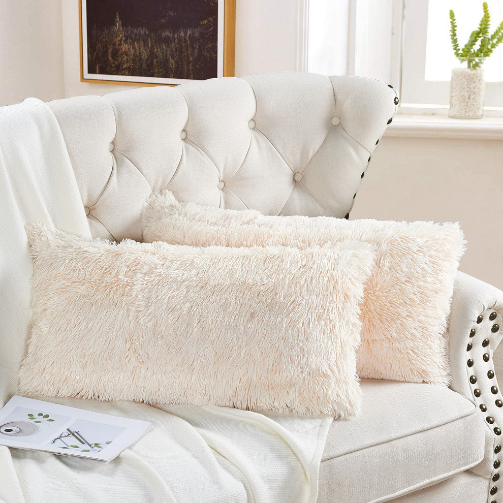 Shaggy Faux Fur Pillow Cover, Ivory, Set of 2, 14"x26"