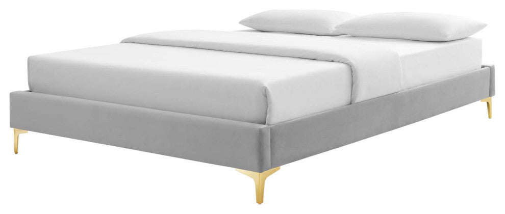 Platform Bed Frame, King Size, Velvet, Light Gray, Modern Contemporary
