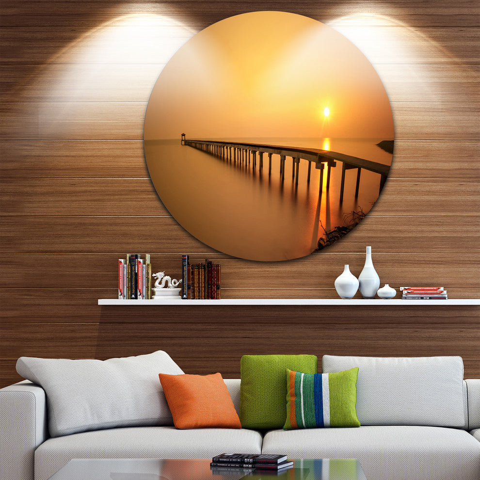 Old Wooden Pier Long To Evening Sea, Seascape Round Wall Art, 11"