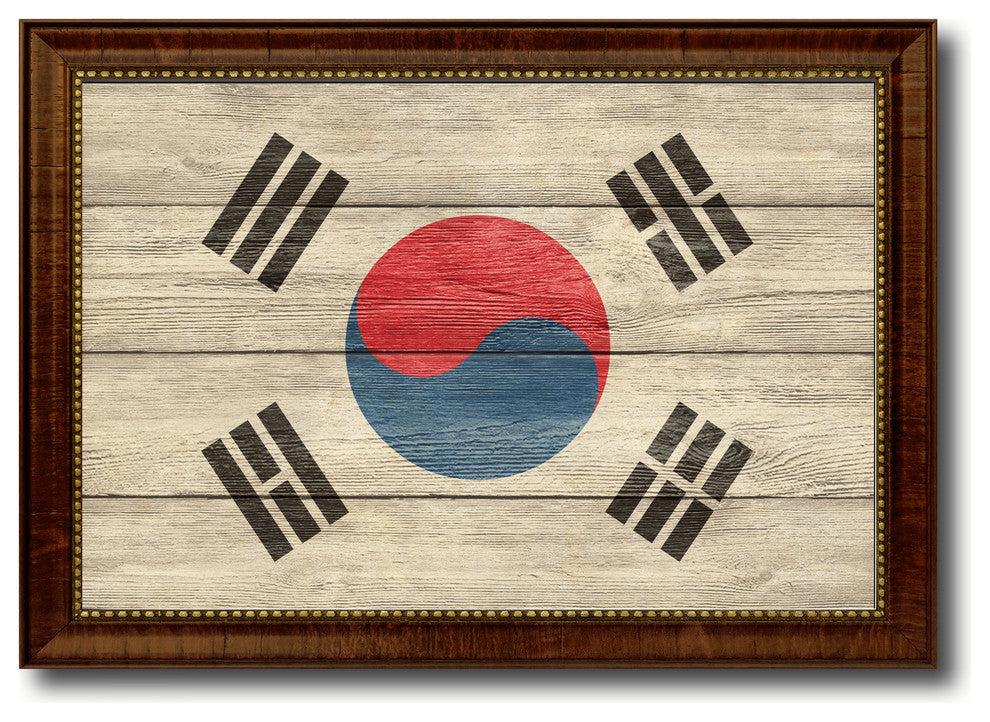 Korea Country Textured Flag Print With Brown Gold Frame, 19"X27"