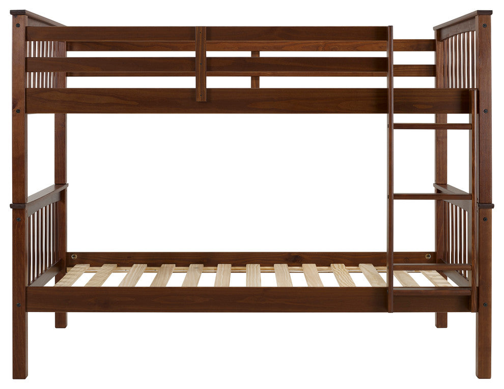 Solid Pine Wood Twin Over Twin Bunk Bed, Walnut