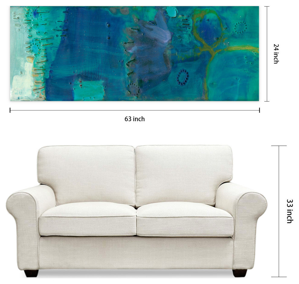 "Reedy Blue III" Abstract Wall Art Unframed Free Floating Tempered Glass 63x24