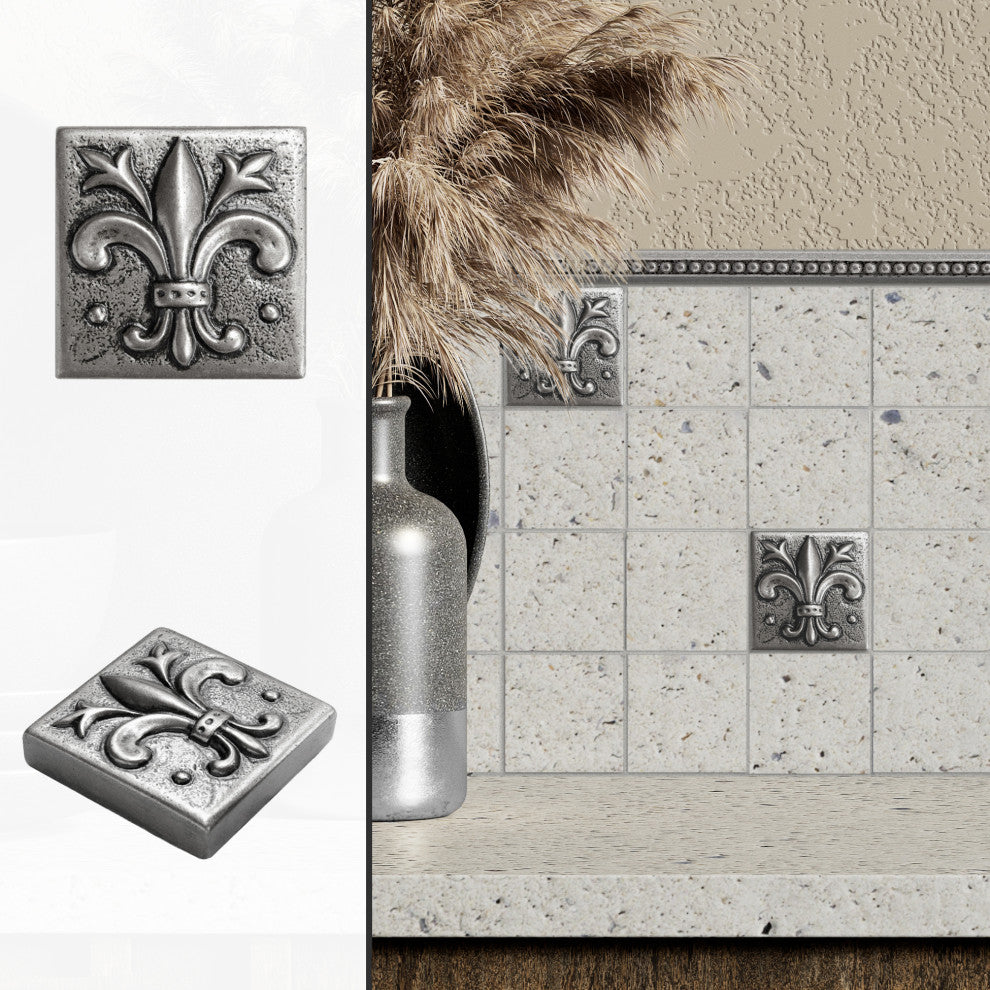 Fleur de Lis Metal Insert Tile Pewter 2"x2", Set of 8