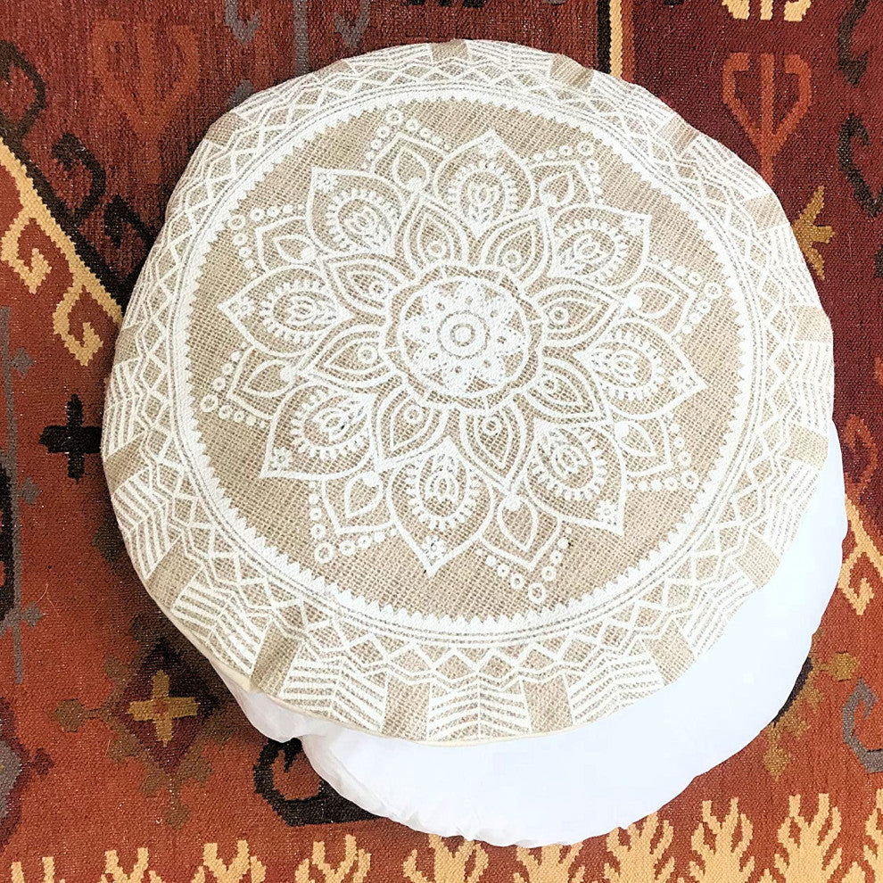 Mandala Floor Cushion, Beige and White, 22" Diameter