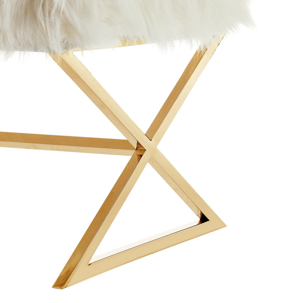 Oria Faux Fur X-Leg Base Bench, White and  Gold