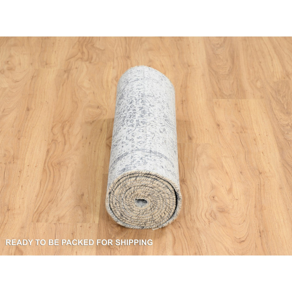 Gray Hand Knotted Erased Persian Design Wool and Silk Runner Rug, 2'7"x12'0"