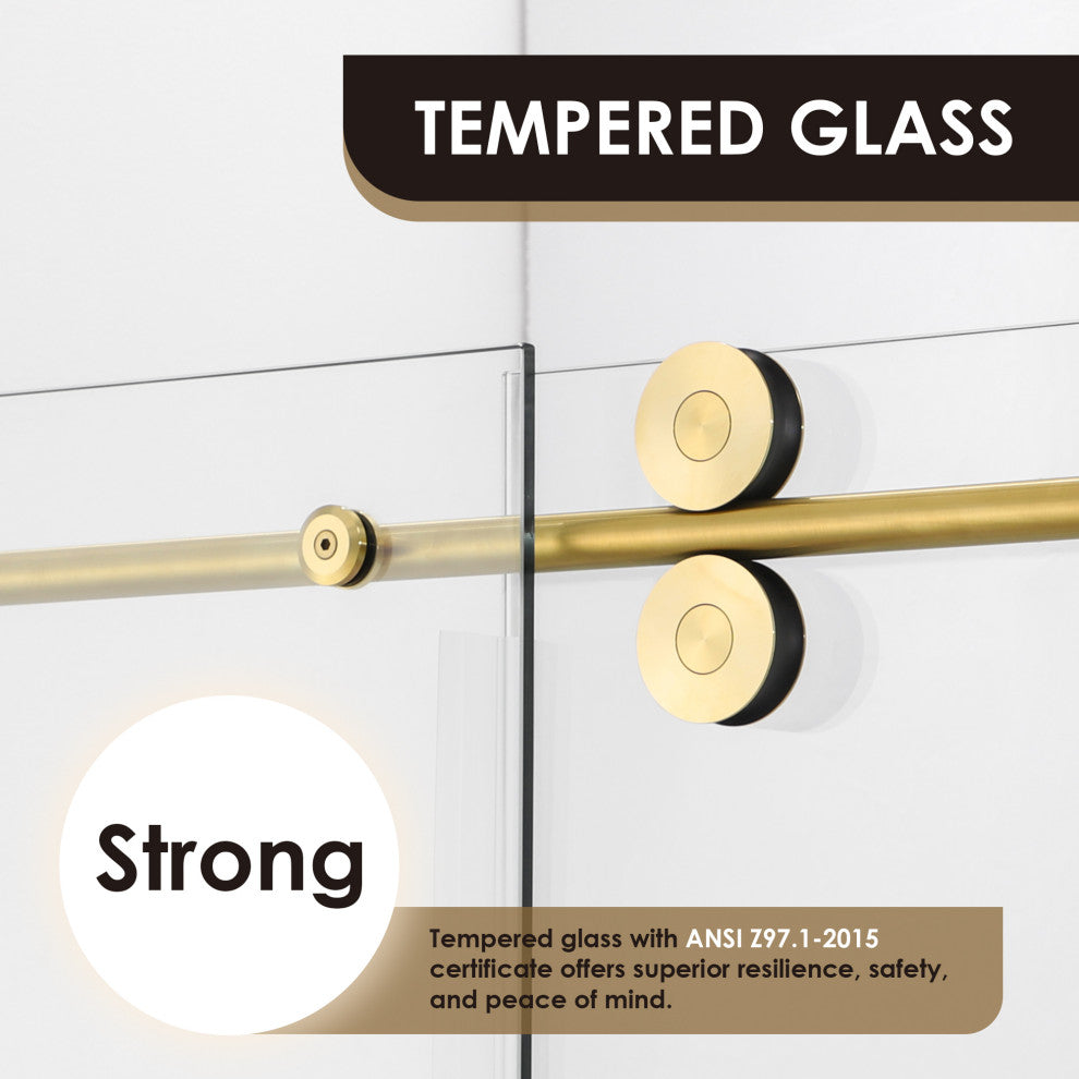 Lazaro Single Sliding Frameless Shower Door, Clear, Brushed Gold, 68"wx78"h