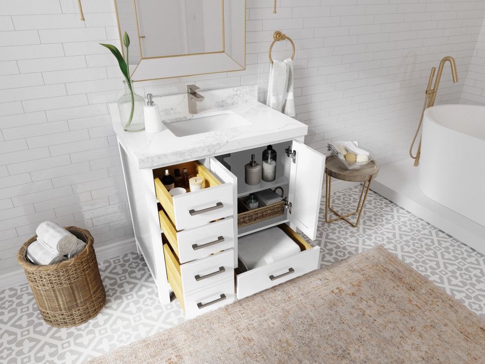 Malibu 36 Center Sink Bath Vanity in White  2" Calacatta Nuvo